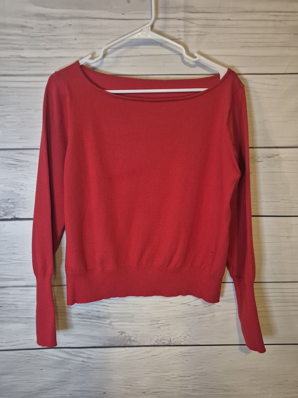 Calvin Klein Bright Red Wide Neck Classic Stretch Sweater Small